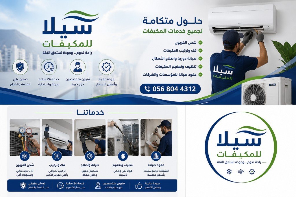 بانر شركة سيلا: تركيب وصيانة وتنظيف وشحن فريون بمكة
